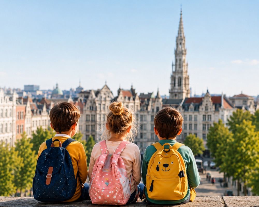 Children with backpacks looking over central Brussels